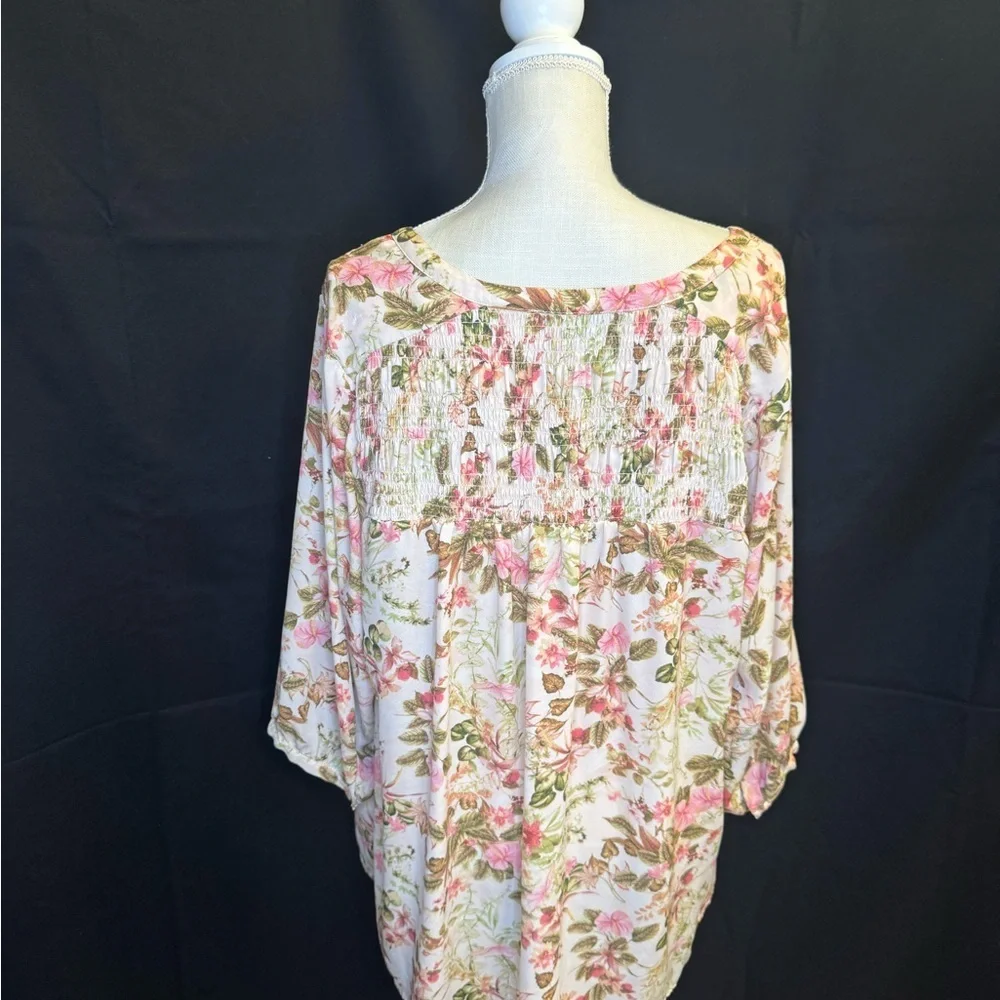 Cynthia Rowley Smocked Floral Top with Pink and Green Hues